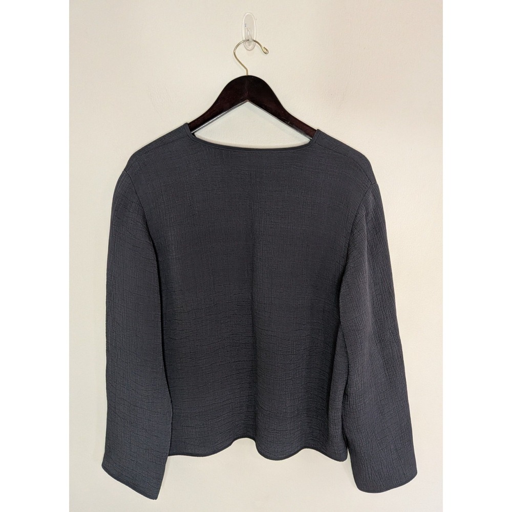Eileen Fisher Silk Blend Crinkle Collarless Jacket Classic Minimal Sz Large Gray - Picture 2 of 8